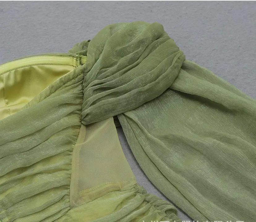 Green Off Shoulder Ruched Mesh Dress