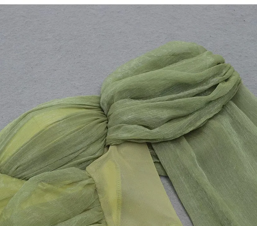 Green Off Shoulder Ruched Mesh Dress