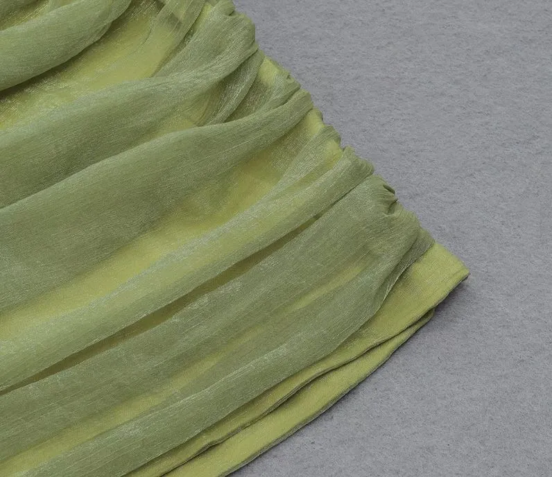 Green Off Shoulder Ruched Mesh Dress