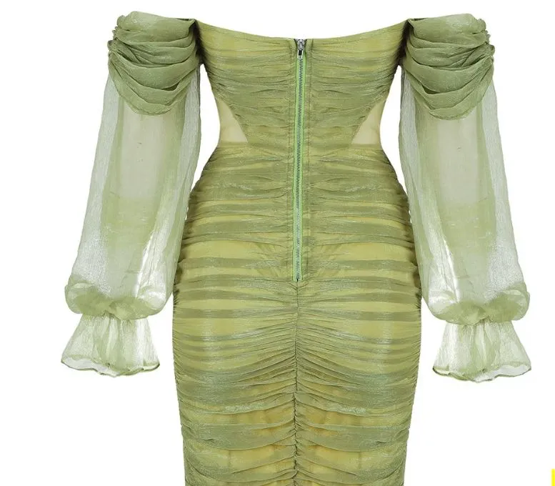 Green Off Shoulder Ruched Mesh Dress