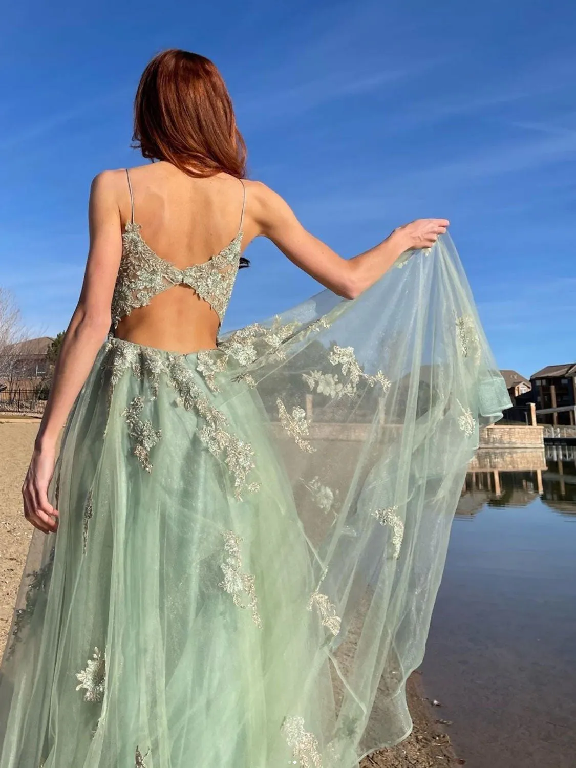Green tulle lace long prom dress, green tulle formal dress