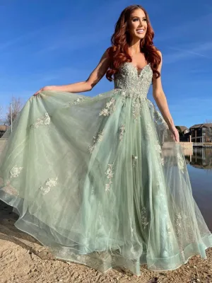 Green tulle lace long prom dress, green tulle formal dress