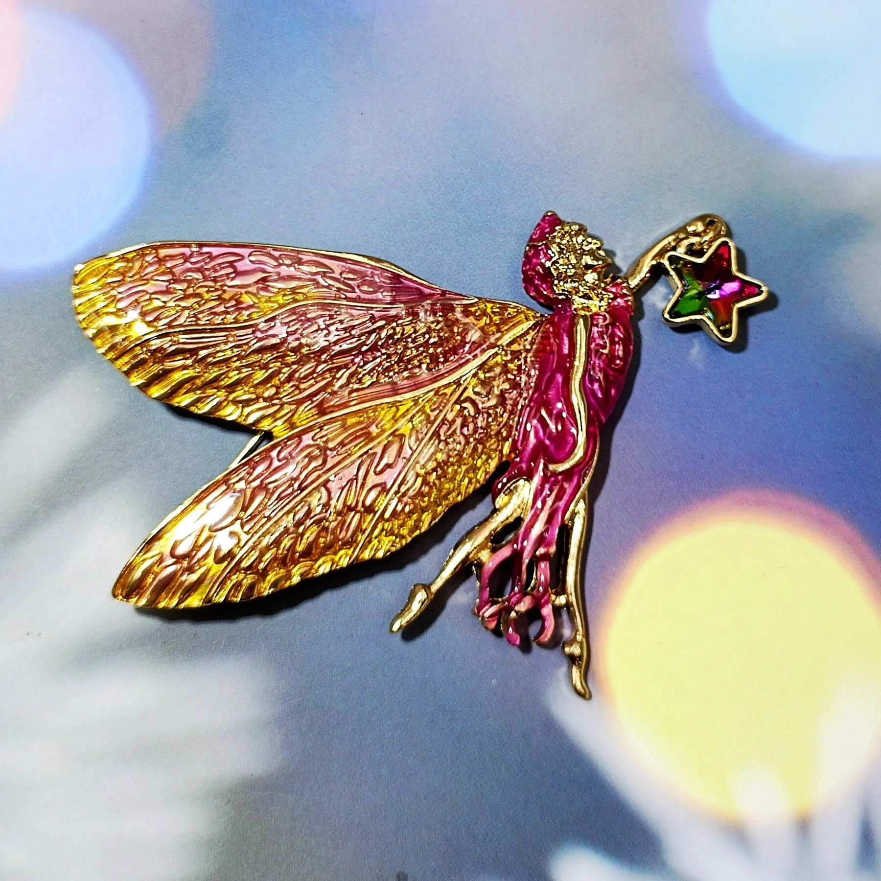 Jewelblings Delightful Gold Tone Pink Enamel Fairy Brooch with Star Vintage Birthday Church Formal Jewelry for Women Ladies Mother Grandmom