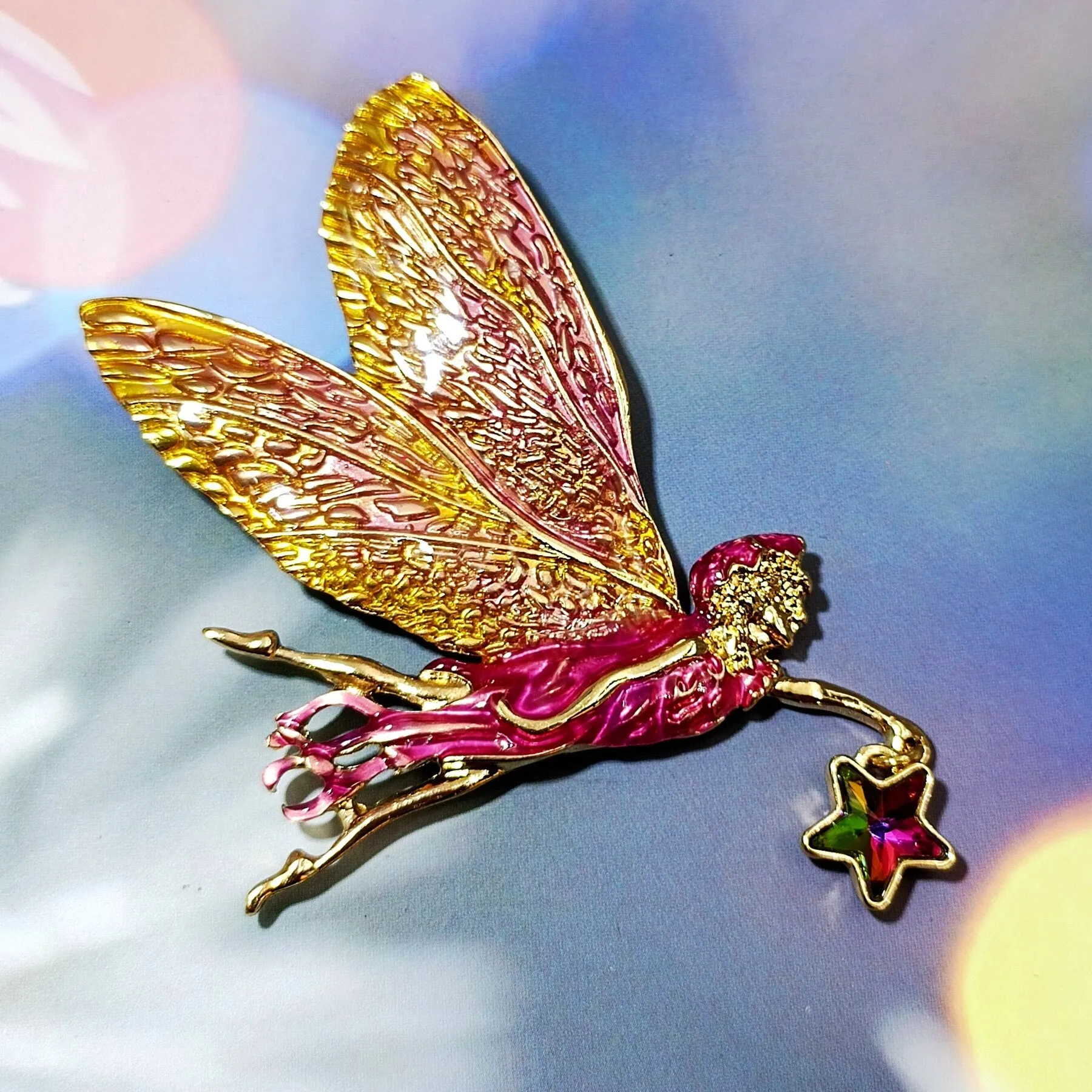 Jewelblings Delightful Gold Tone Pink Enamel Fairy Brooch with Star Vintage Birthday Church Formal Jewelry for Women Ladies Mother Grandmom
