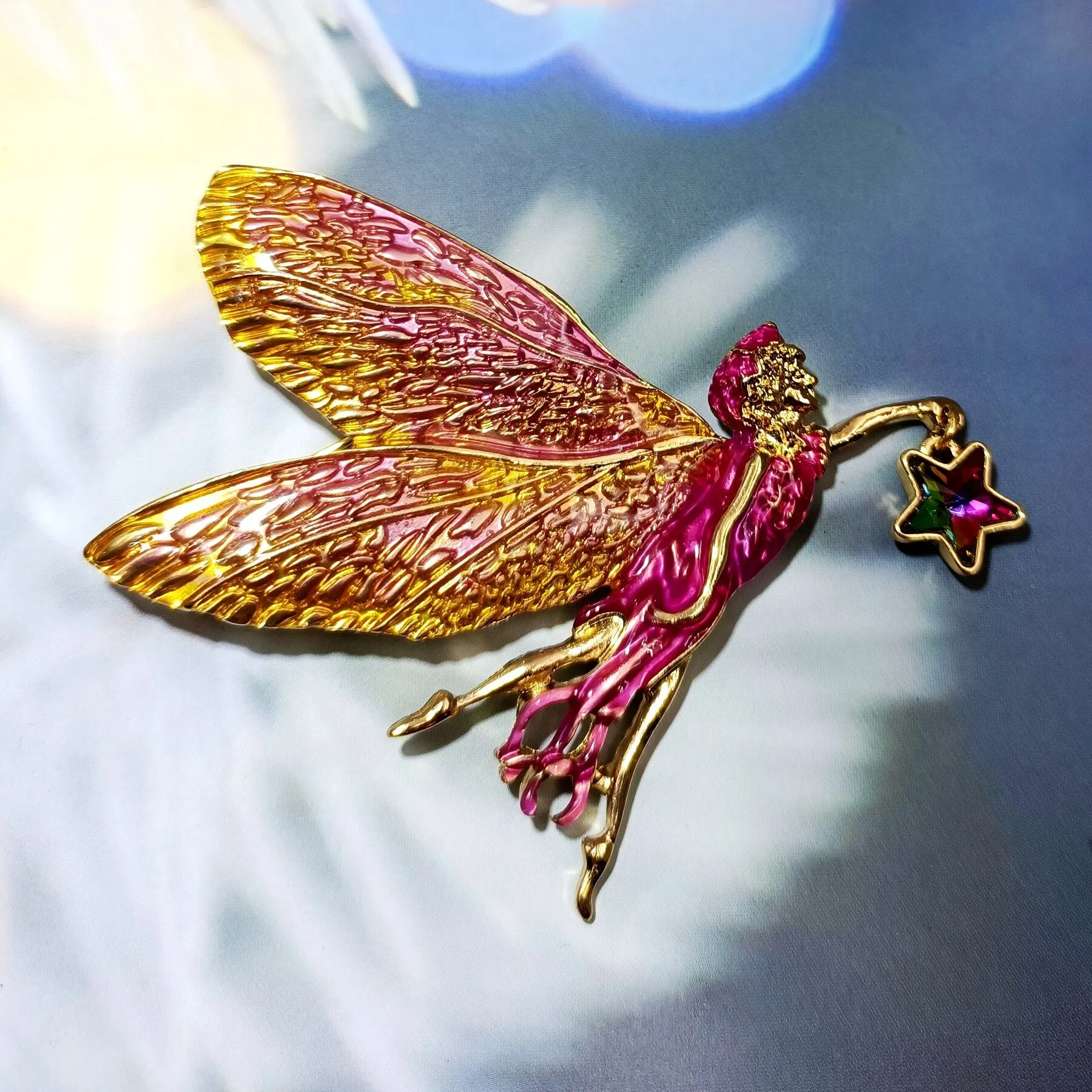 Jewelblings Delightful Gold Tone Pink Enamel Fairy Brooch with Star Vintage Birthday Church Formal Jewelry for Women Ladies Mother Grandmom