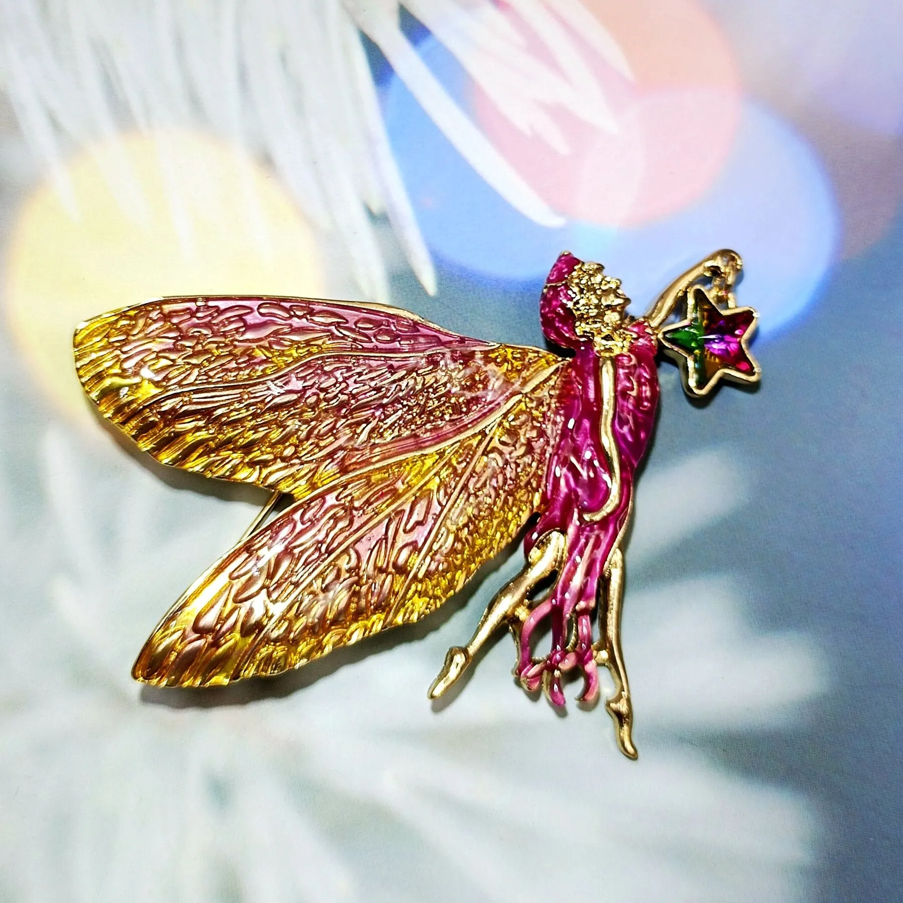 Jewelblings Delightful Gold Tone Pink Enamel Fairy Brooch with Star Vintage Birthday Church Formal Jewelry for Women Ladies Mother Grandmom