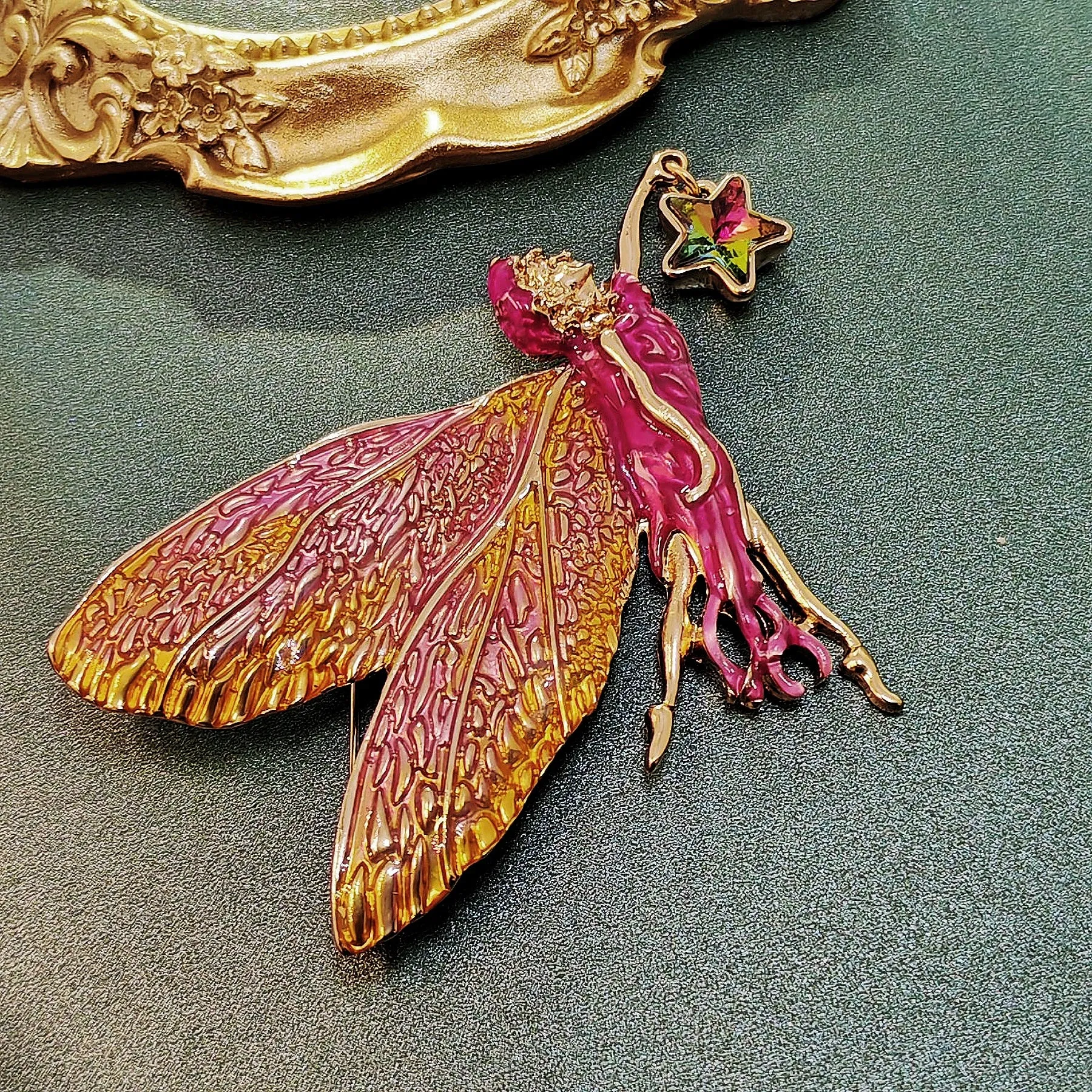 Jewelblings Delightful Gold Tone Pink Enamel Fairy Brooch with Star Vintage Birthday Church Formal Jewelry for Women Ladies Mother Grandmom