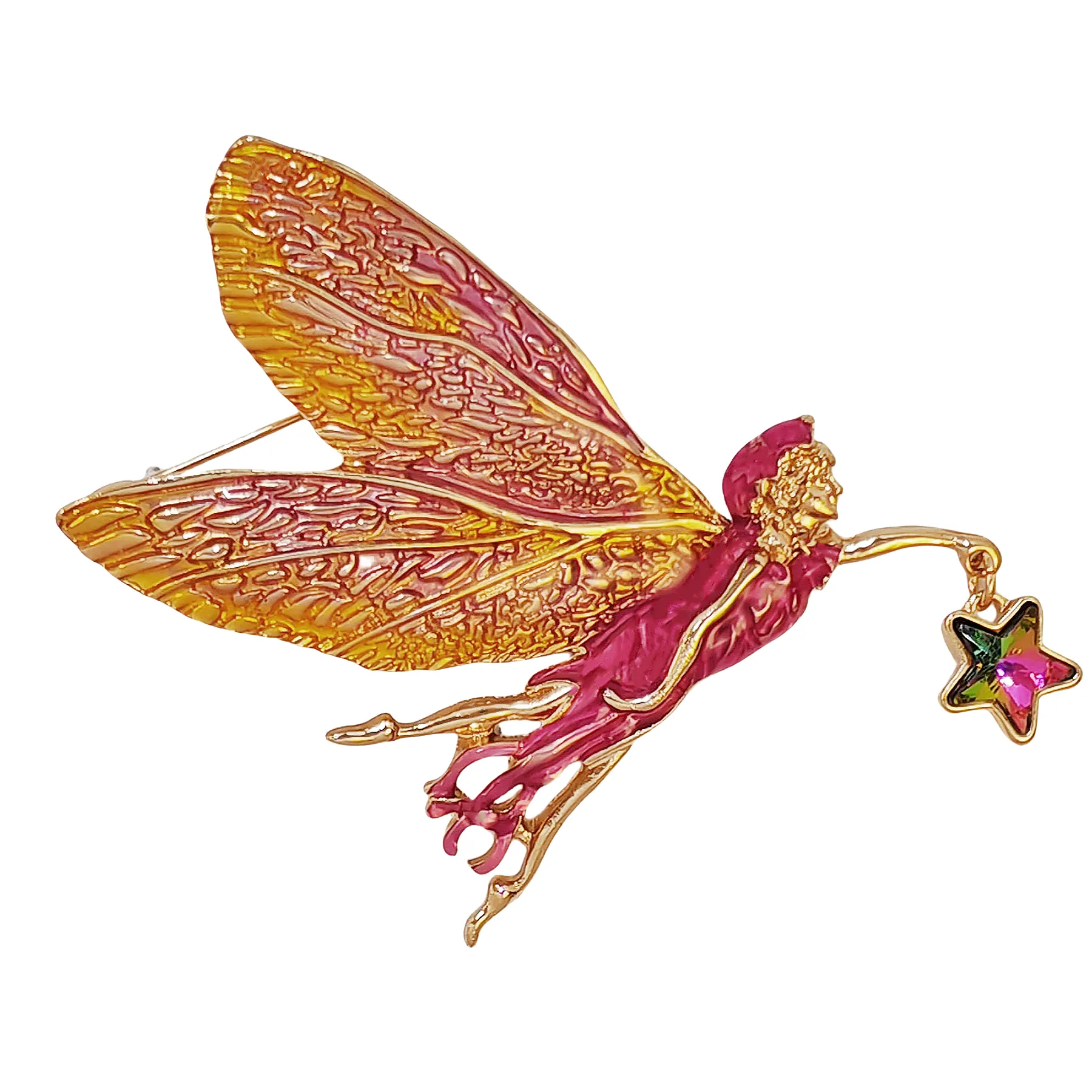 Jewelblings Delightful Gold Tone Pink Enamel Fairy Brooch with Star Vintage Birthday Church Formal Jewelry for Women Ladies Mother Grandmom