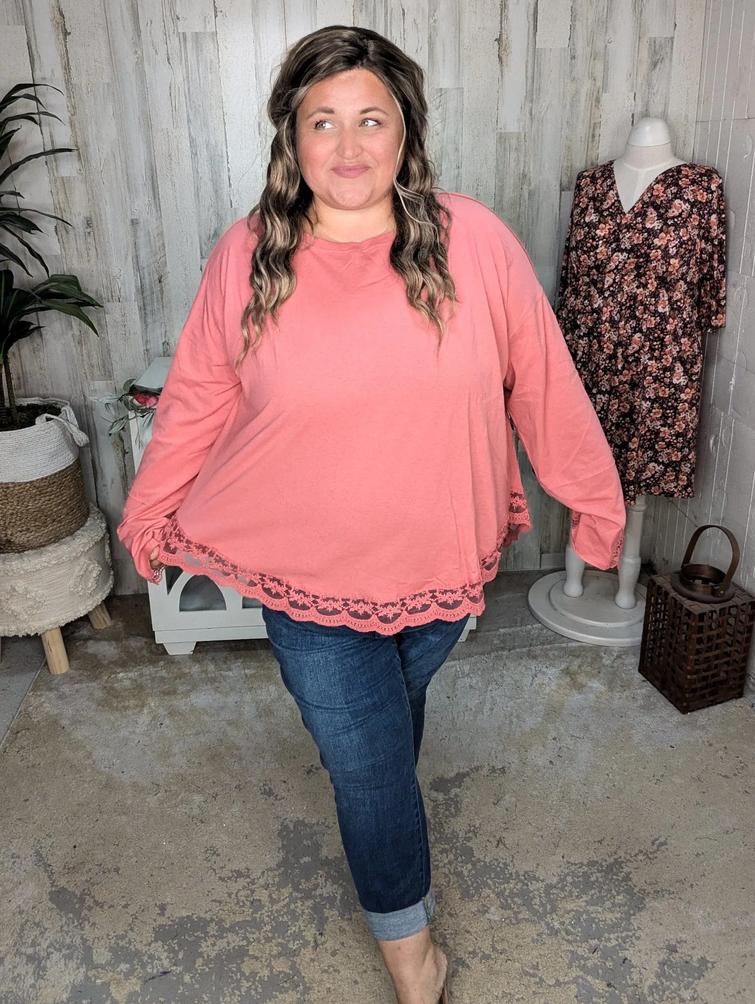 Kristine Lace-Trimmed Slouchy Pullover in Faded Brick