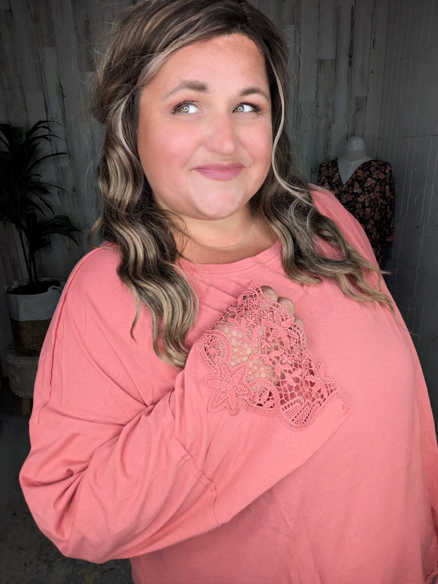 Kristine Lace-Trimmed Slouchy Pullover in Faded Brick
