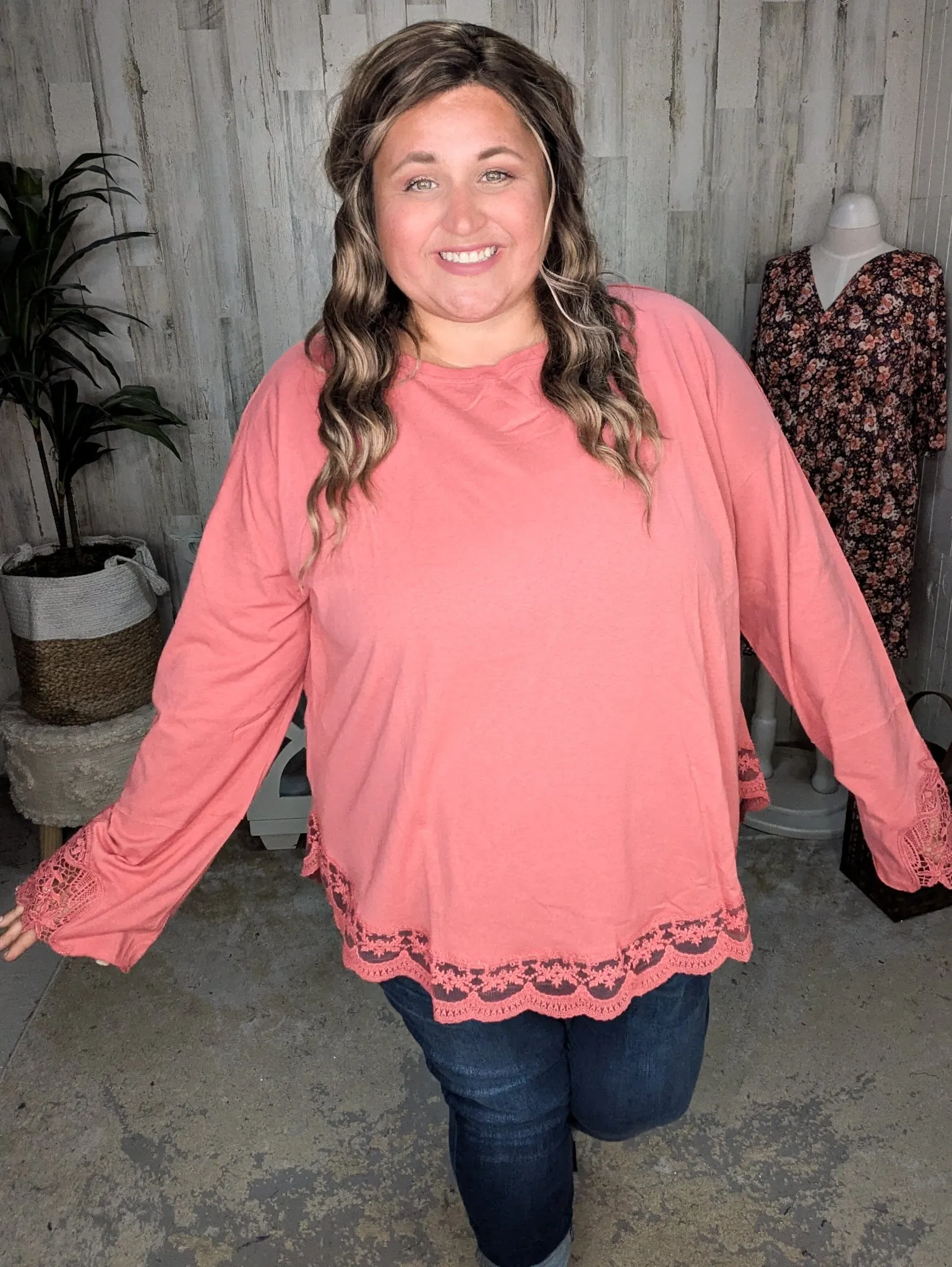 Kristine Lace-Trimmed Slouchy Pullover in Faded Brick