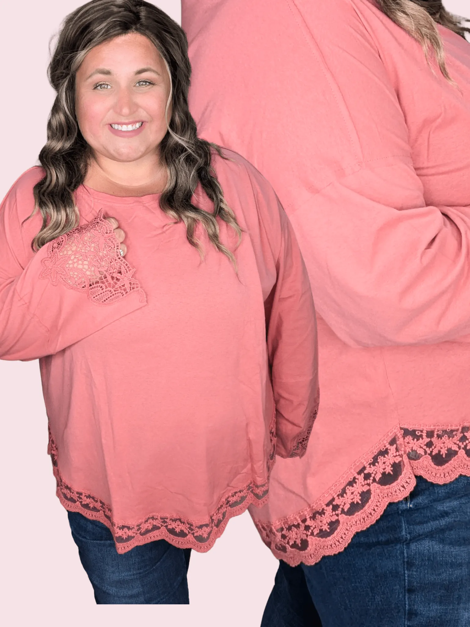 Kristine Lace-Trimmed Slouchy Pullover in Faded Brick