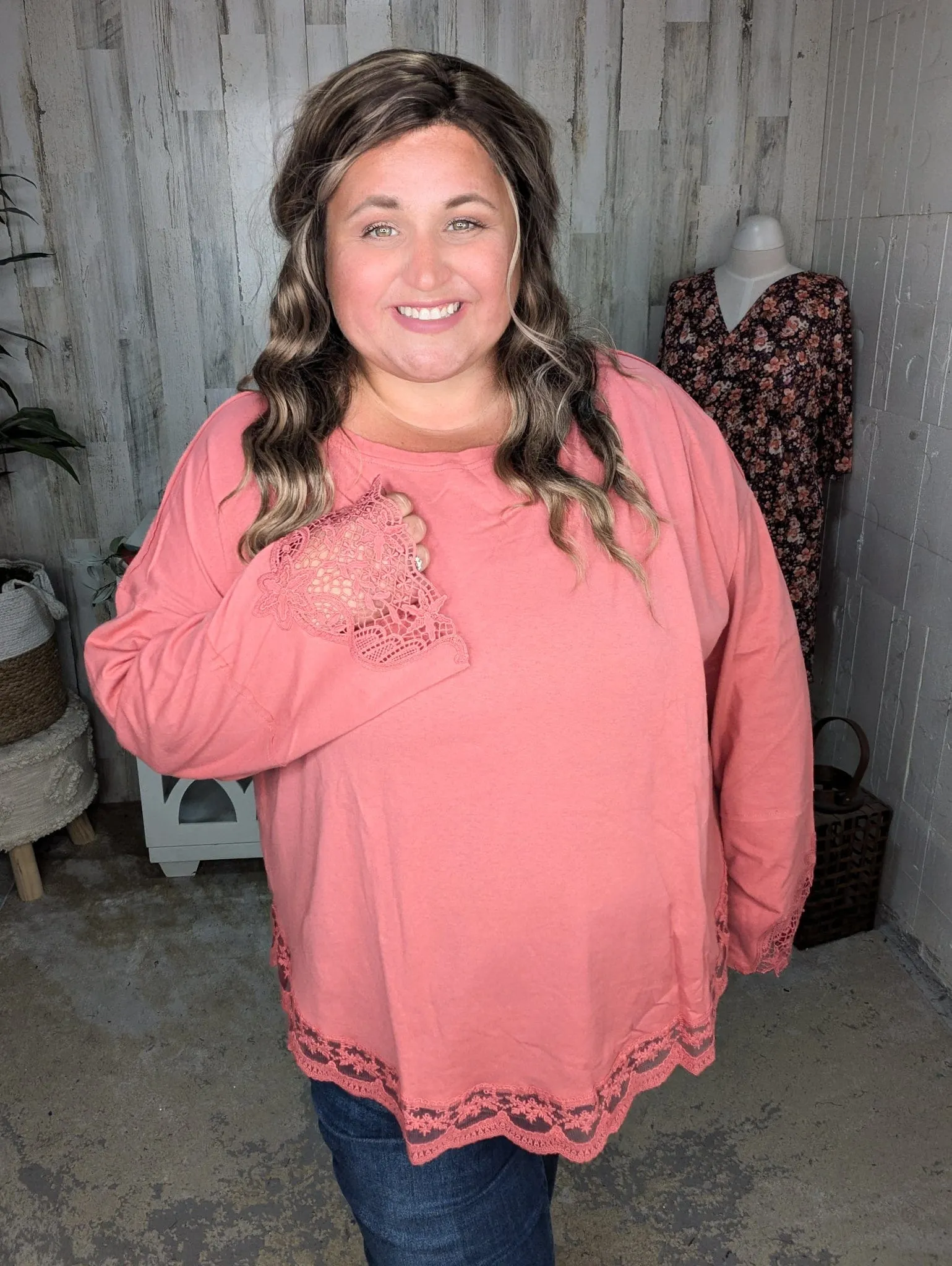 Kristine Lace-Trimmed Slouchy Pullover in Faded Brick
