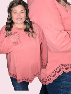 Kristine Lace-Trimmed Slouchy Pullover in Faded Brick