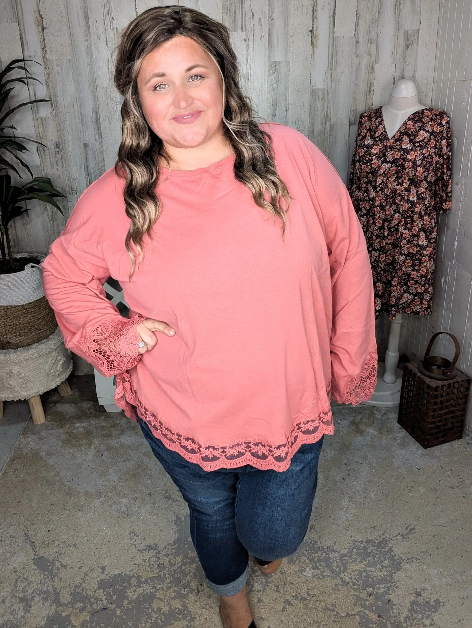 Kristine Lace-Trimmed Slouchy Pullover in Faded Brick