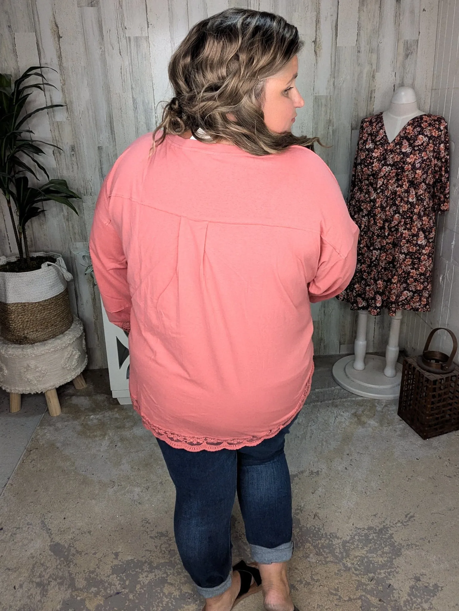 Kristine Lace-Trimmed Slouchy Pullover in Faded Brick