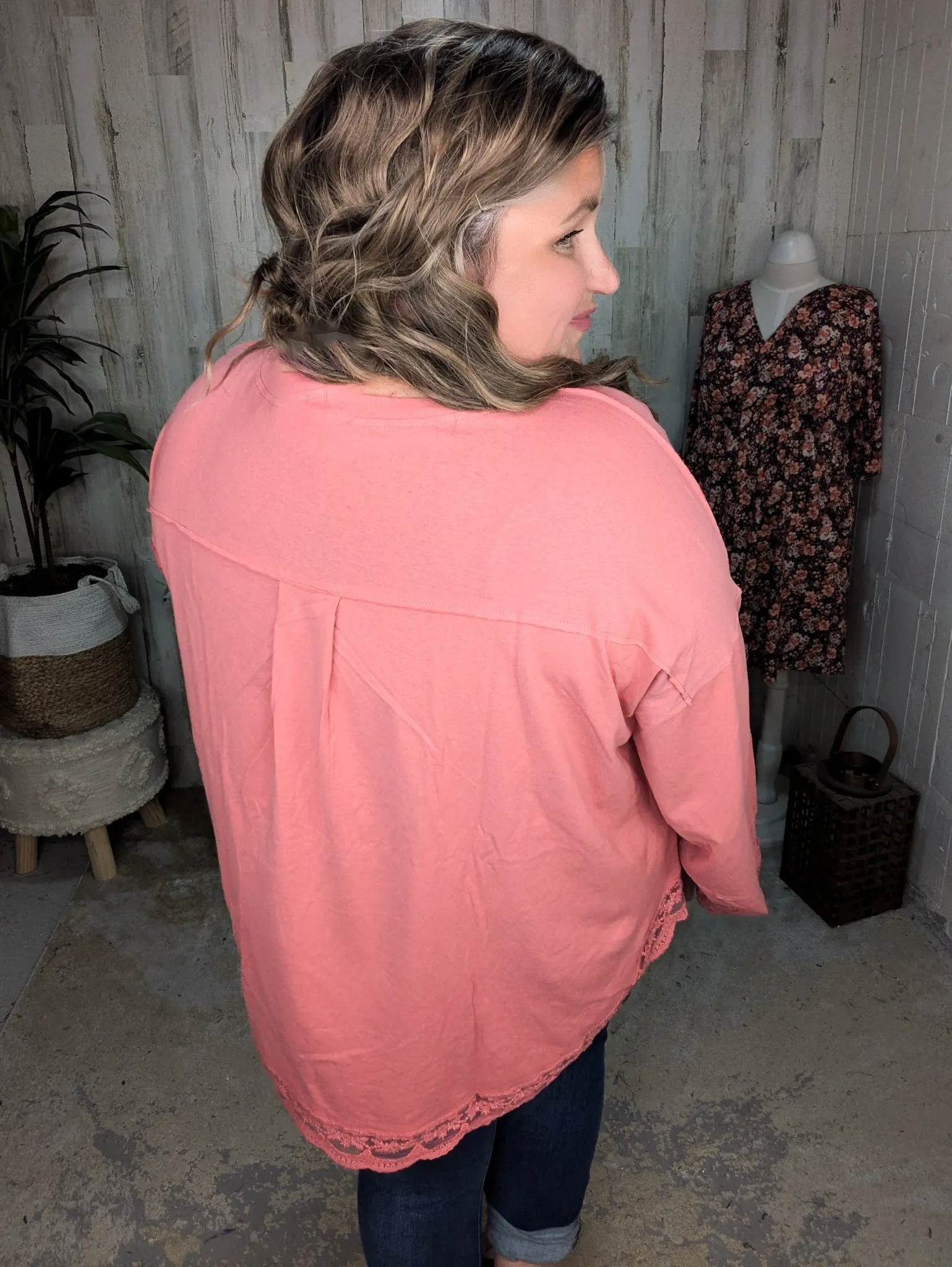 Kristine Lace-Trimmed Slouchy Pullover in Faded Brick