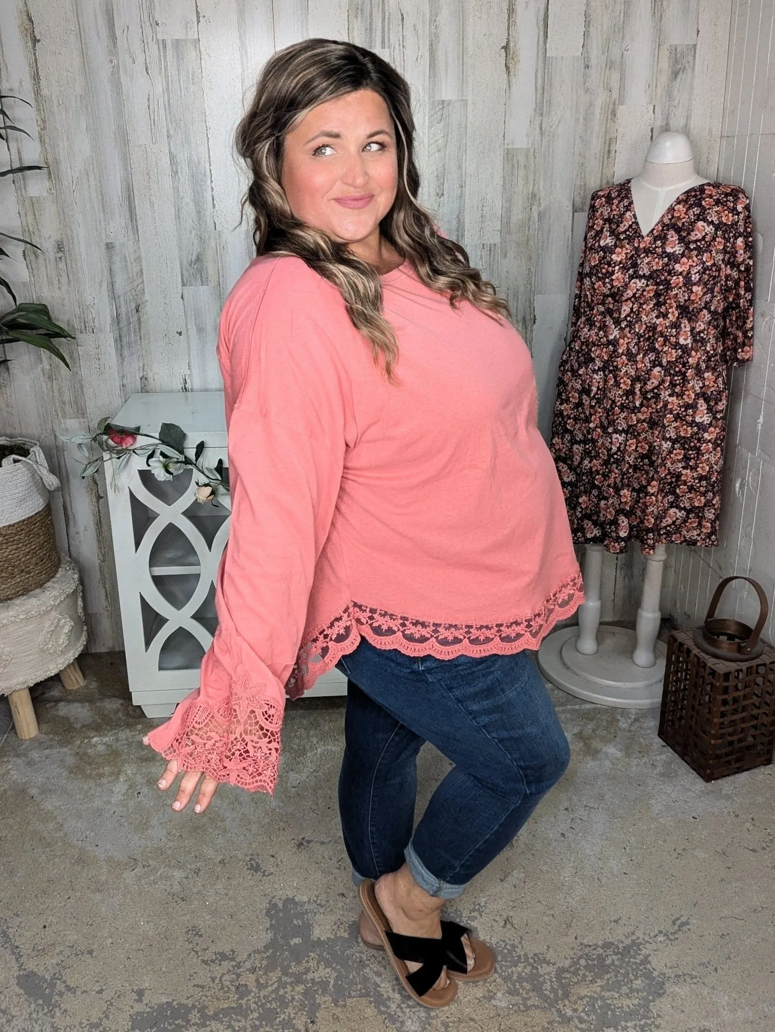 Kristine Lace-Trimmed Slouchy Pullover in Faded Brick