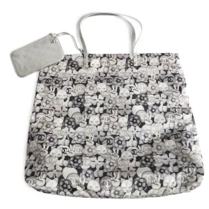 Large Peace Cat Emoticon Shopping Tote Bag in Silver Nylon