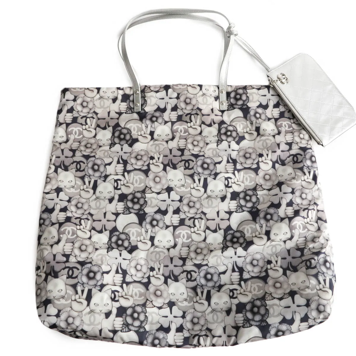 Large Peace Cat Emoticon Shopping Tote Bag in Silver Nylon