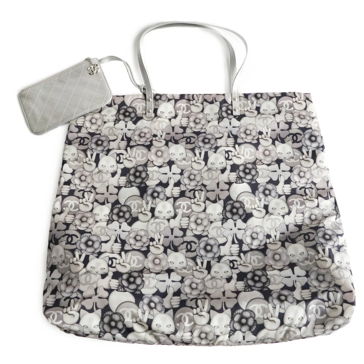 Large Peace Cat Emoticon Shopping Tote Bag in Silver Nylon