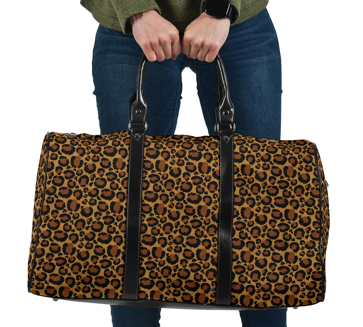 Leopard Print Travel Bag Duffel With Black Faux Leather Handles