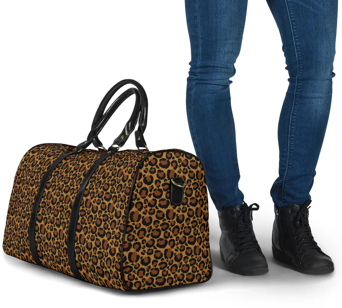 Leopard Print Travel Bag Duffel With Black Faux Leather Handles