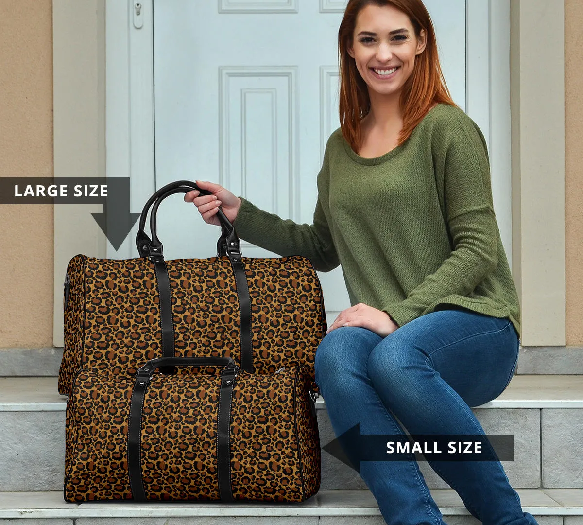 Leopard Print Travel Bag Duffel With Black Faux Leather Handles