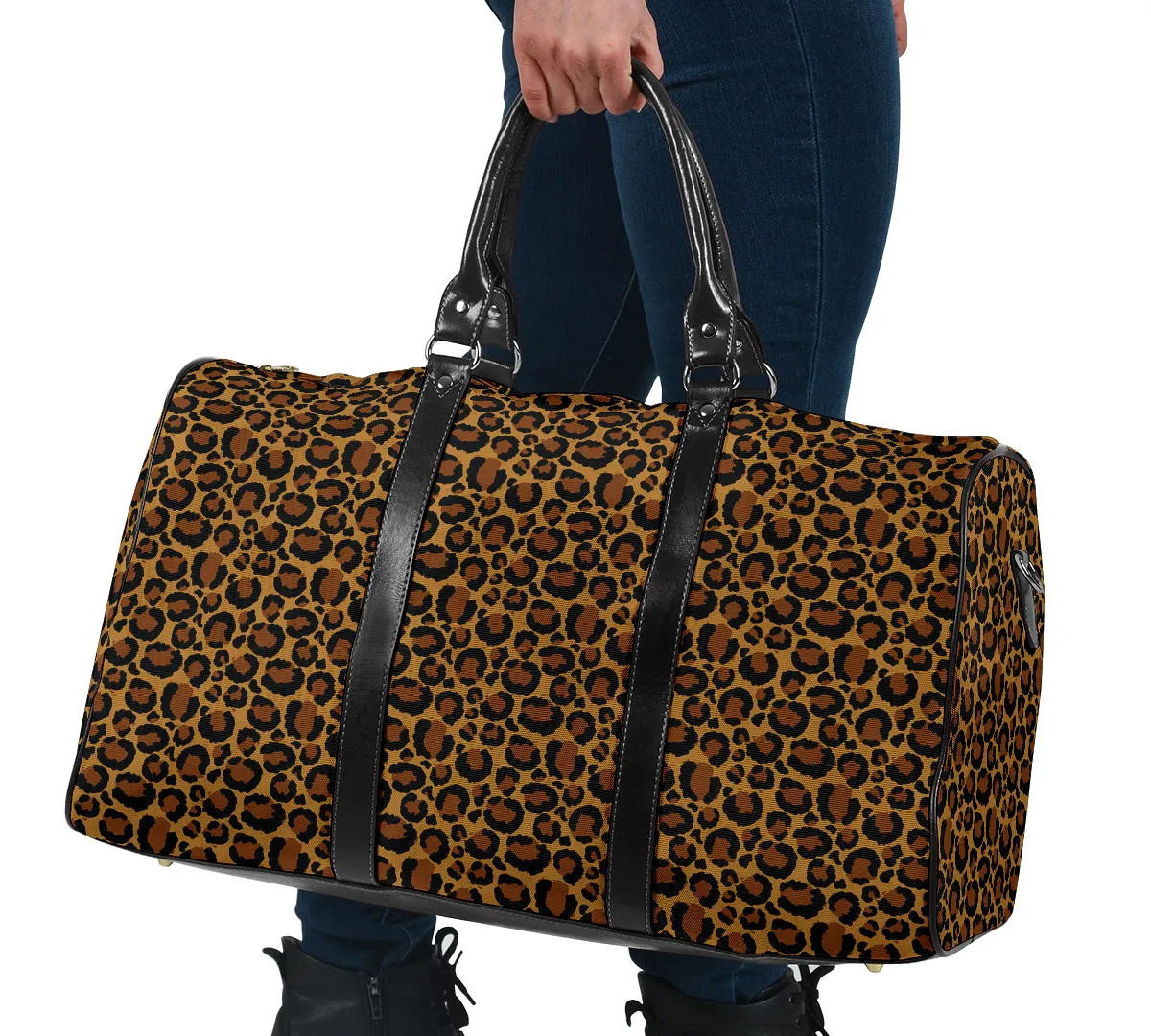 Leopard Print Travel Bag Duffel With Black Faux Leather Handles
