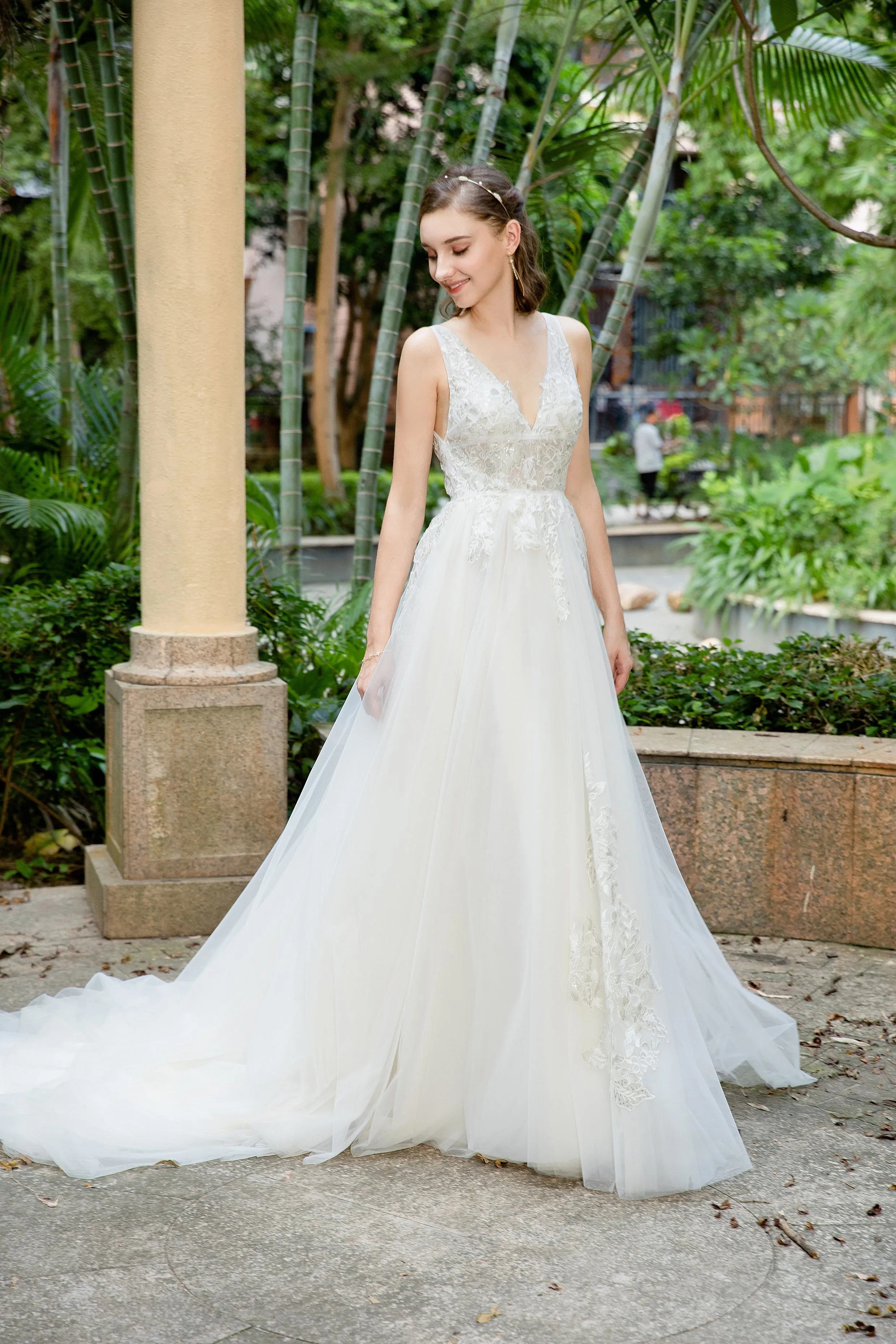 Lucia - Selena Huan deep V-neck Silver-shades embroidery lace light-weighted low-back A-line gown
