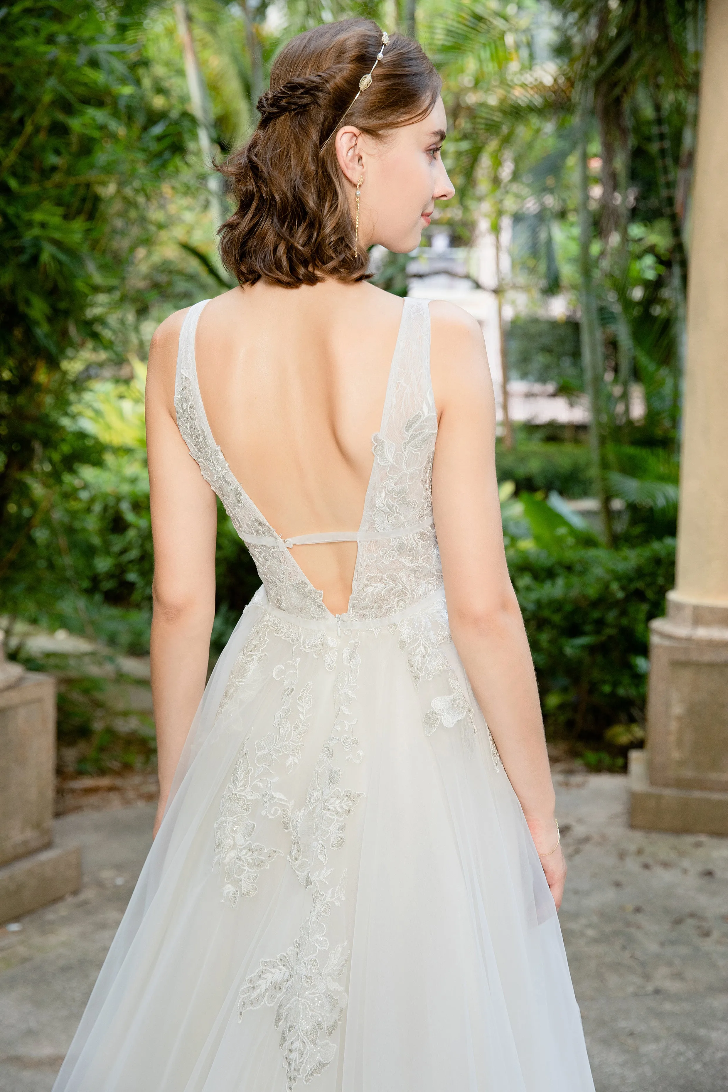 Lucia - Selena Huan deep V-neck Silver-shades embroidery lace light-weighted low-back A-line gown