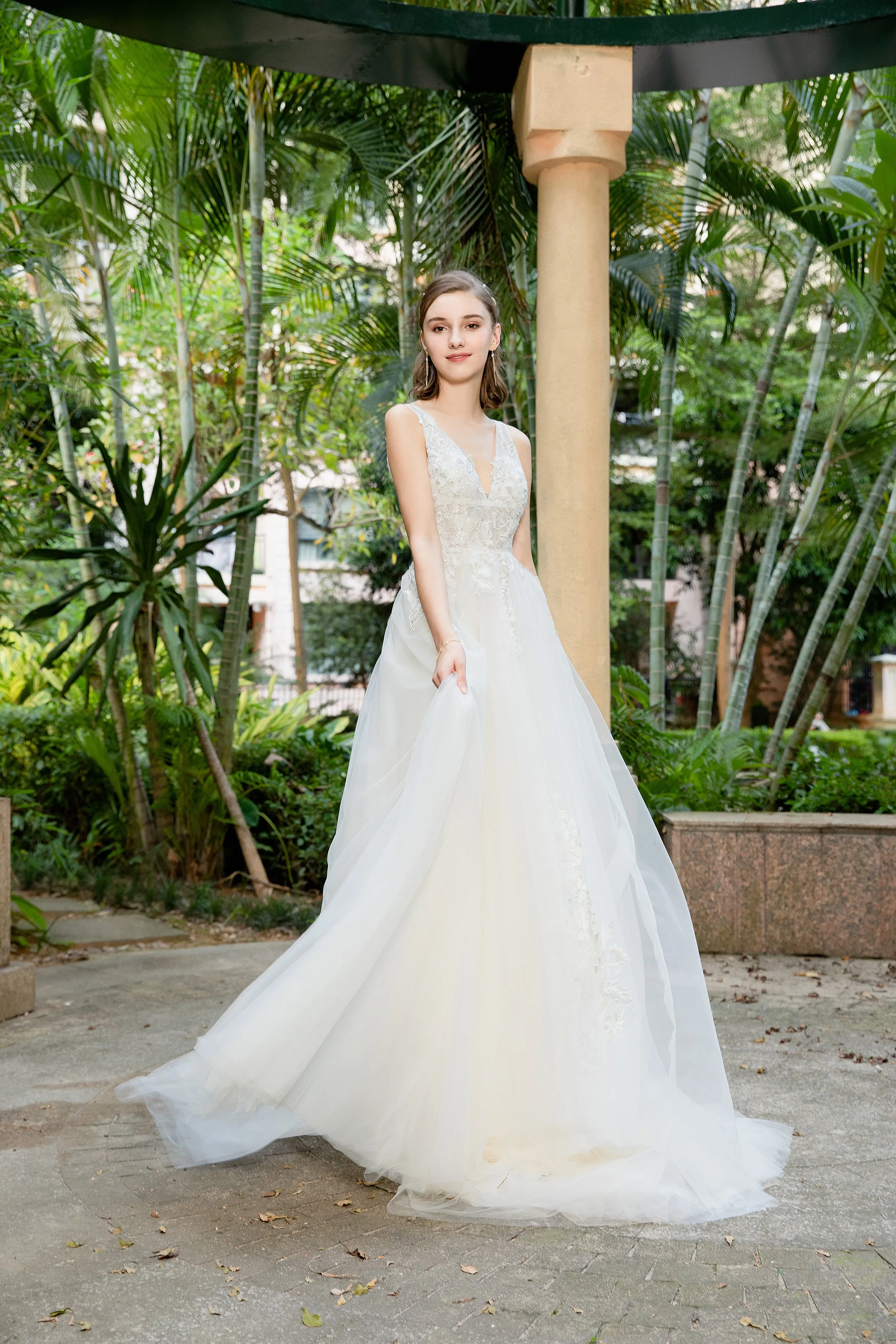 Lucia - Selena Huan deep V-neck Silver-shades embroidery lace light-weighted low-back A-line gown