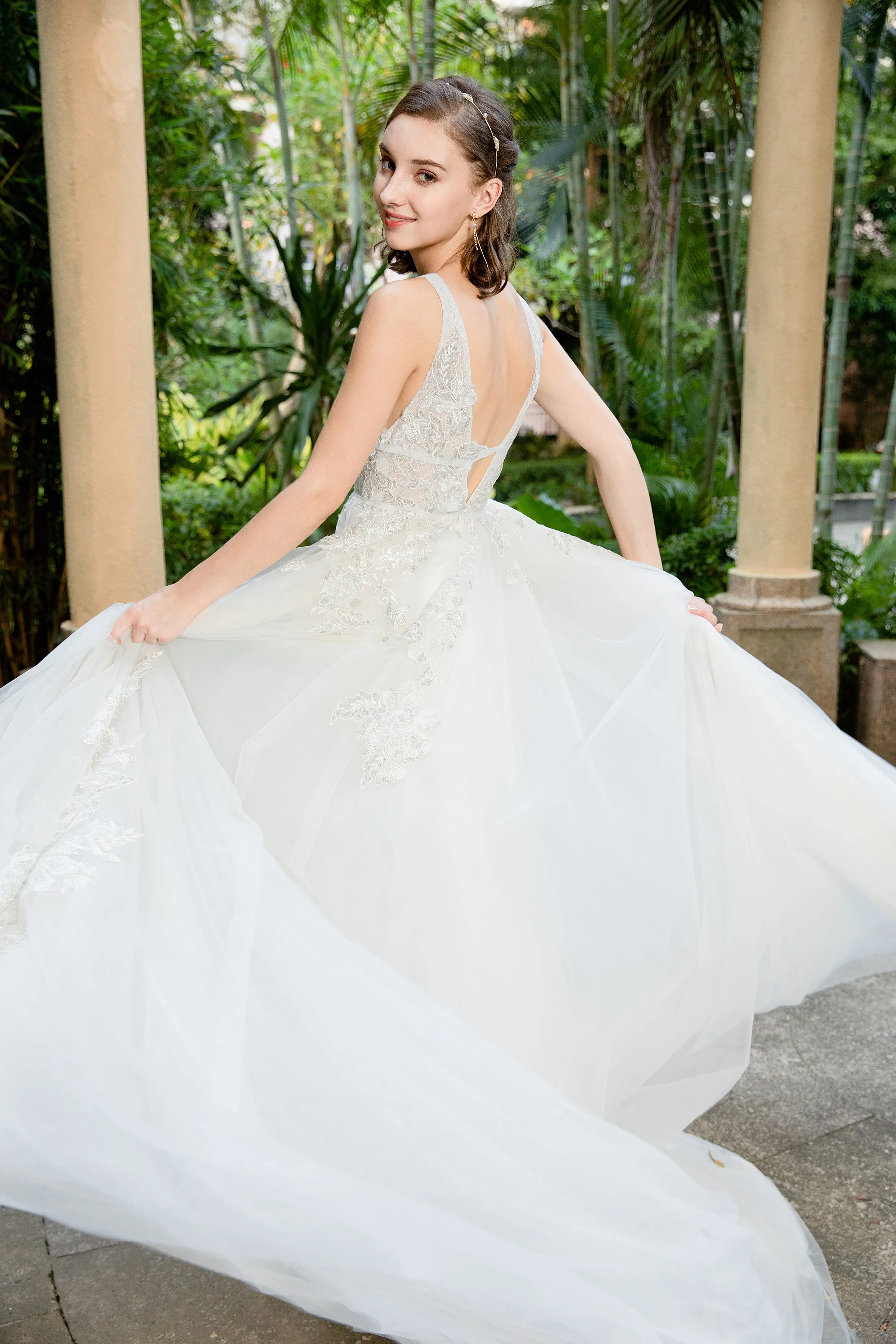 Lucia - Selena Huan deep V-neck Silver-shades embroidery lace light-weighted low-back A-line gown