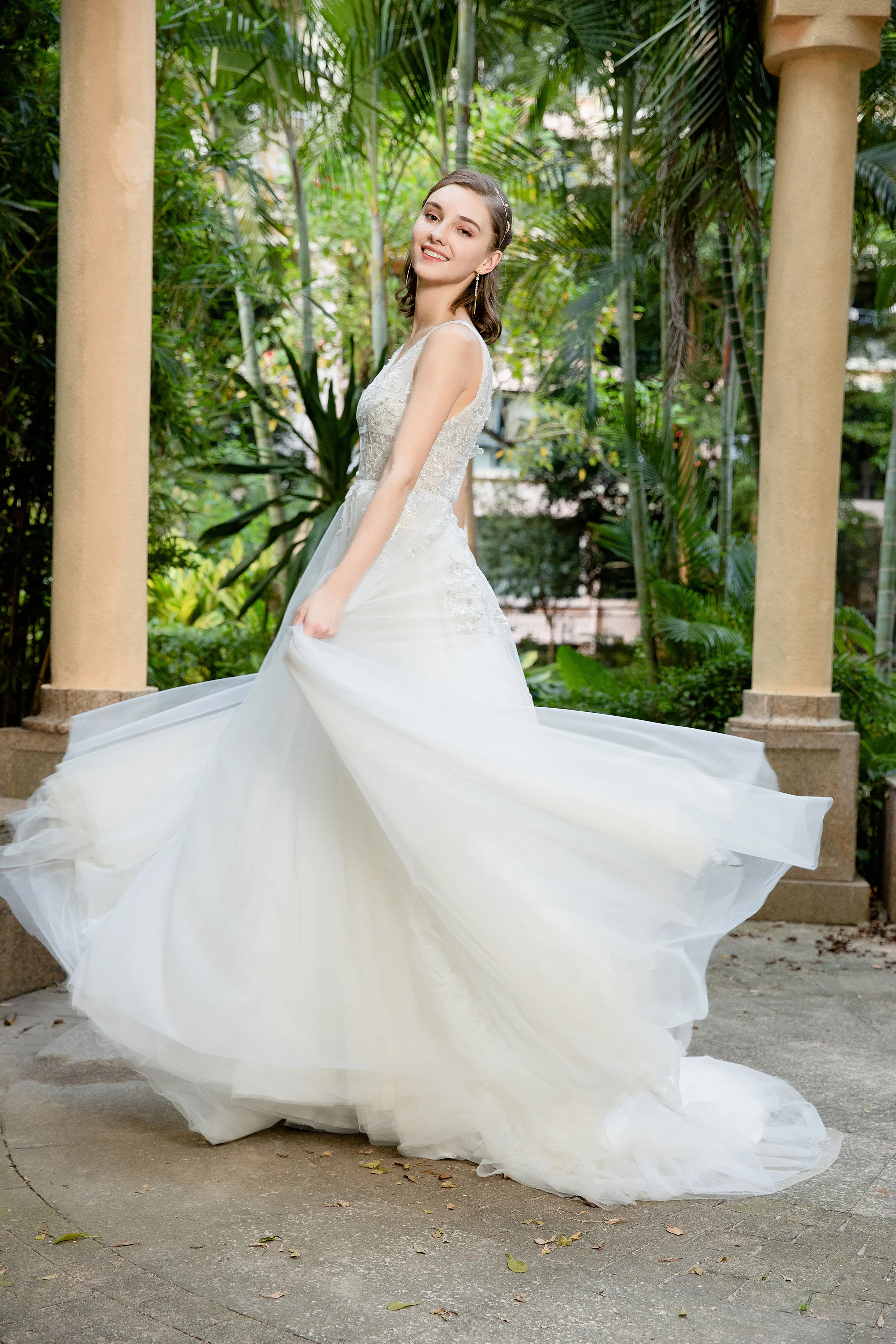 Lucia - Selena Huan deep V-neck Silver-shades embroidery lace light-weighted low-back A-line gown