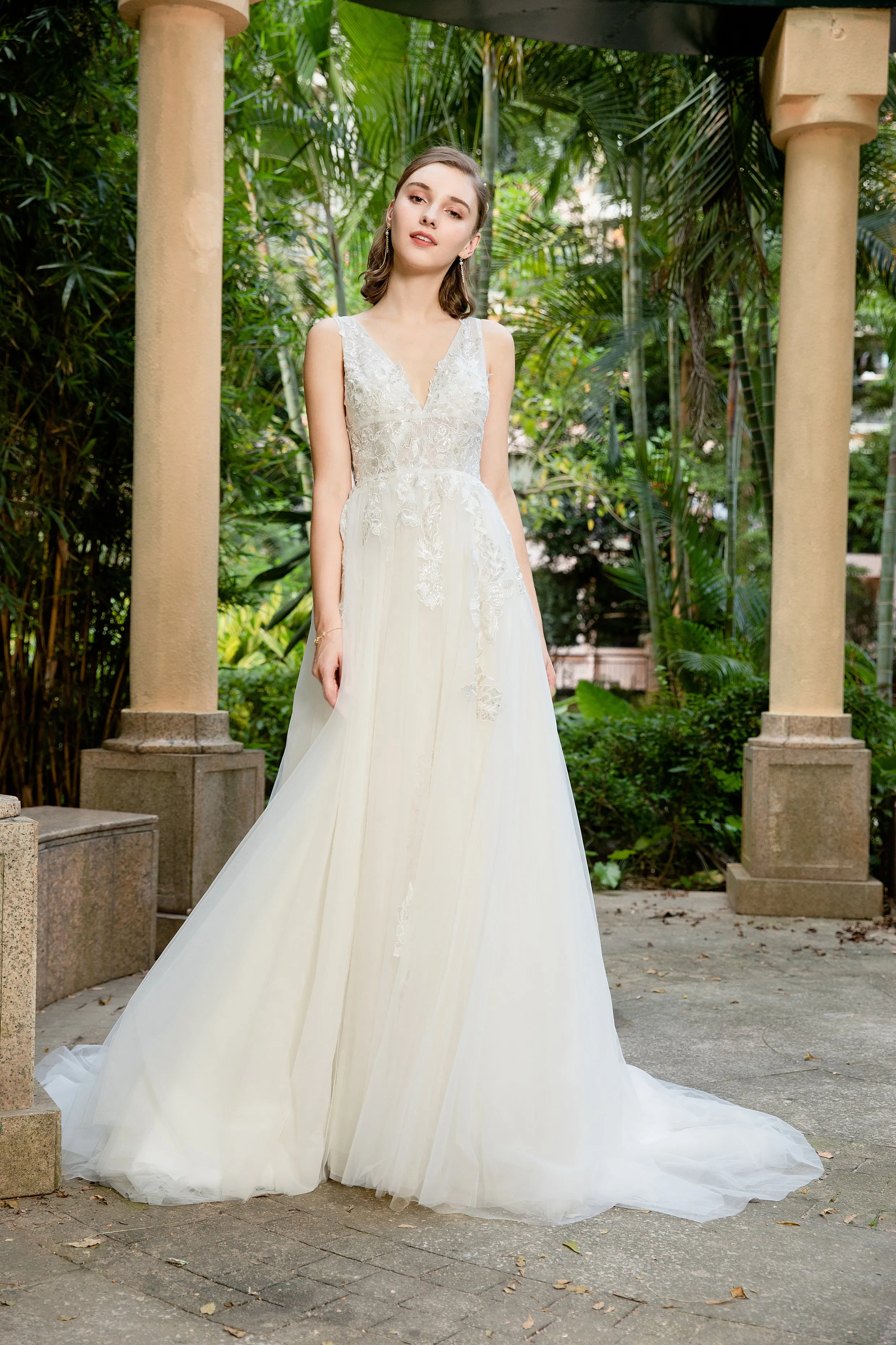 Lucia - Selena Huan deep V-neck Silver-shades embroidery lace light-weighted low-back A-line gown