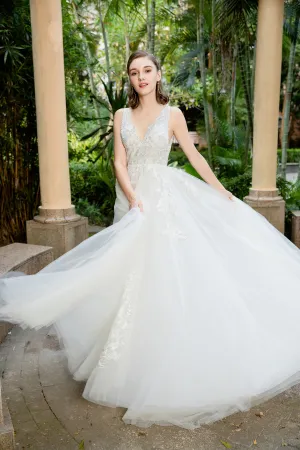 Lucia - Selena Huan deep V-neck Silver-shades embroidery lace light-weighted low-back A-line gown