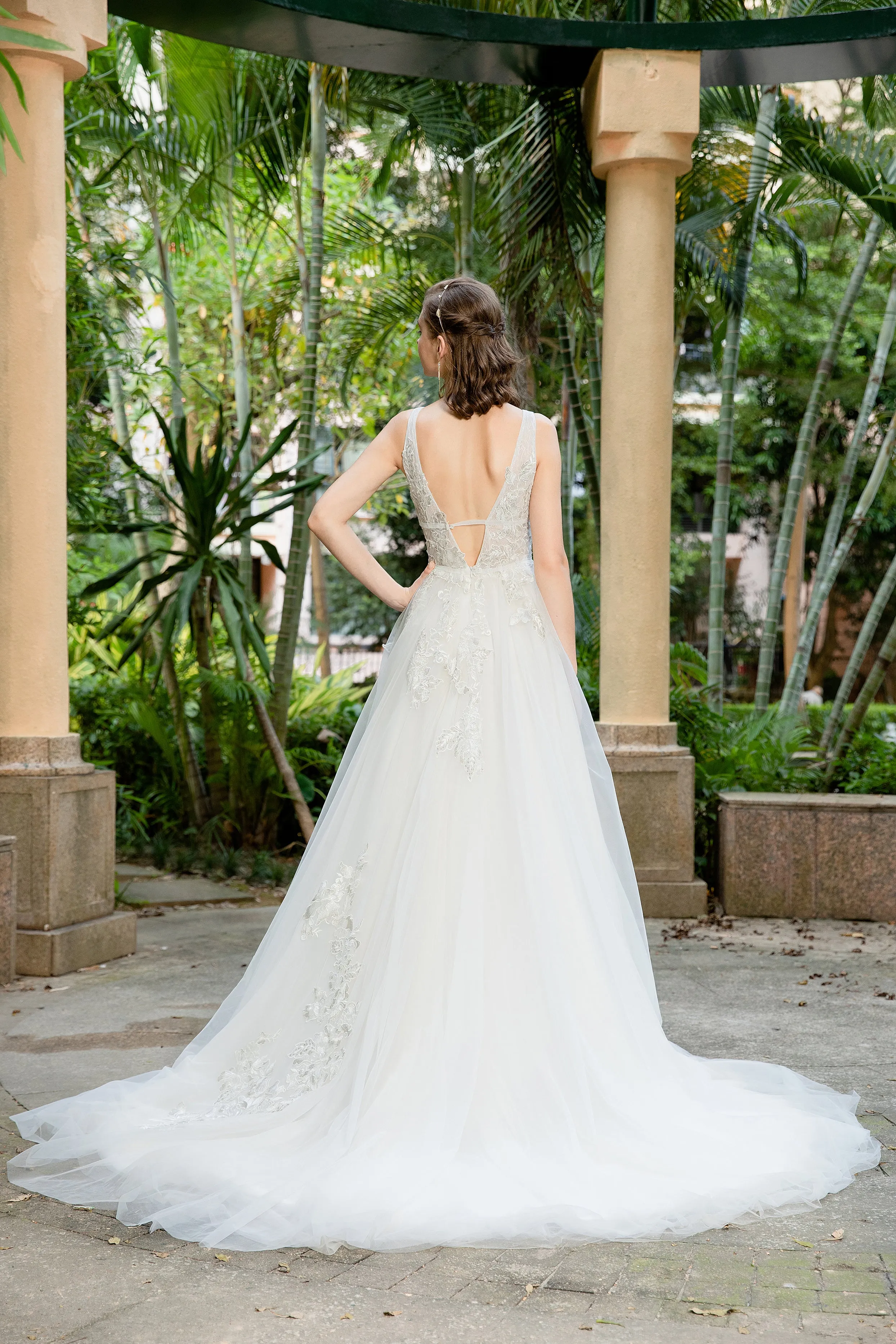 Lucia - Selena Huan deep V-neck Silver-shades embroidery lace light-weighted low-back A-line gown