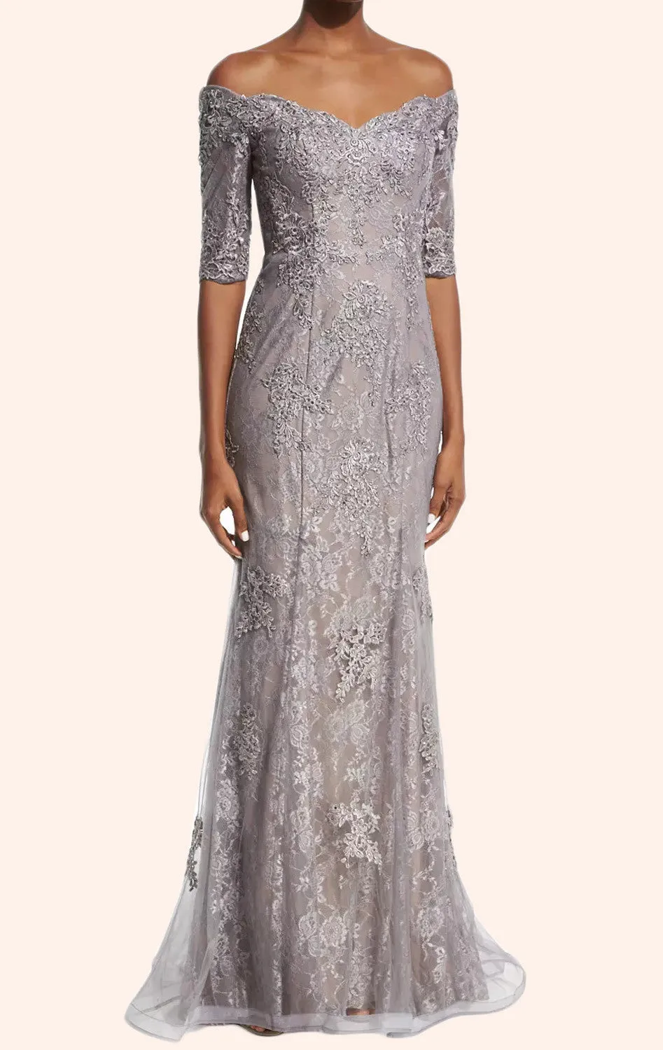 MACloth Off the Shoulder Half Sleeves Lace Mother of the Brides Dress Silver Formal Gown