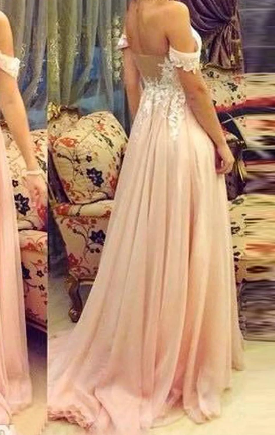 MACloth Off the Shoulder Lace Chiffon Long Prom Dress Pink Formal Evening Gown