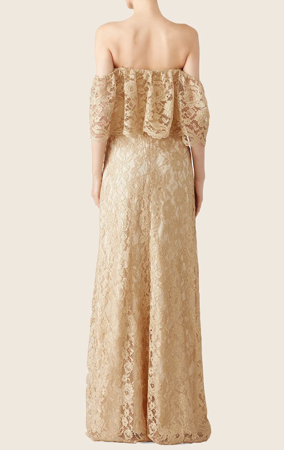 MACloth Off the Shoulder Lace Maxi Prom Dress Champagne Formal Party Gown