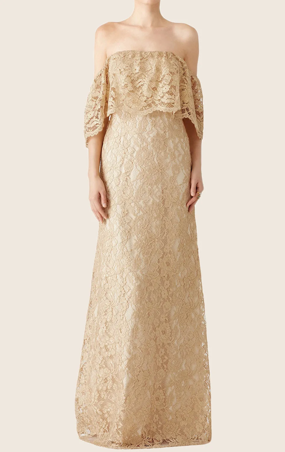MACloth Off the Shoulder Lace Maxi Prom Dress Champagne Formal Party Gown