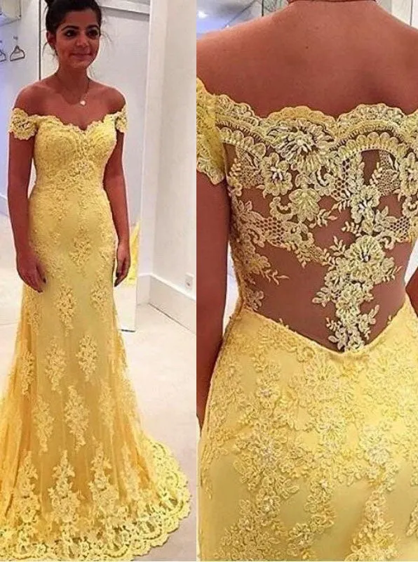 MACloth Off the Shoulder Mermaid Lace Yellow Prom Dress Evening Formal Gown Wedding Party Gown