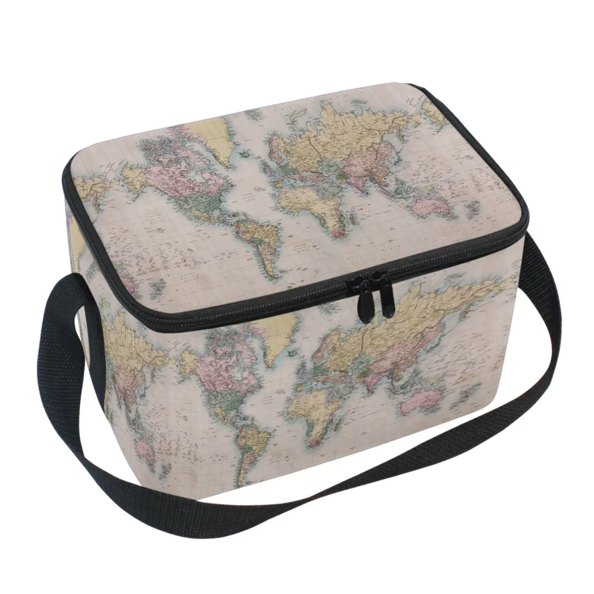 Naanle Vintage Retro World Map Canvas Zipper Insulated Lunch Bag Cooler Tote Bag, Educational Earth Map Lunch Box Lunchbox Meal Prep Handbag for Adult Men Women Kids Girls Boys