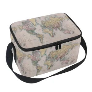 Naanle Vintage Retro World Map Canvas Zipper Insulated Lunch Bag Cooler Tote Bag, Educational Earth Map Lunch Box Lunchbox Meal Prep Handbag for Adult Men Women Kids Girls Boys
