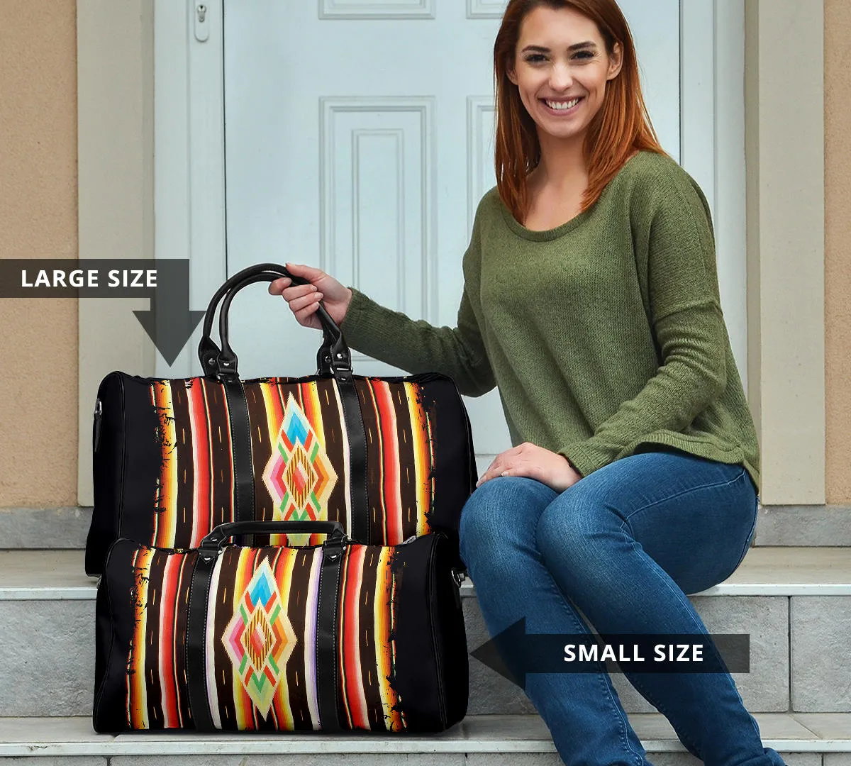 Native American Navajo Serape Style Travel Bag Duffel With Faux Leather Handles