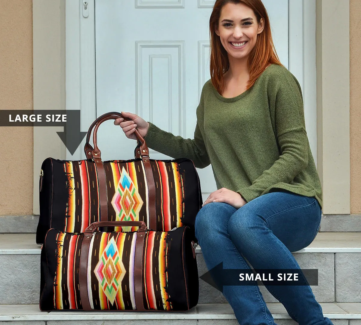 Native American Navajo Serape Style Travel Bag Duffel With Faux Leather Handles