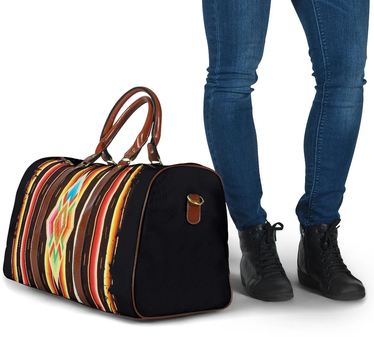 Native American Navajo Serape Style Travel Bag Duffel With Faux Leather Handles