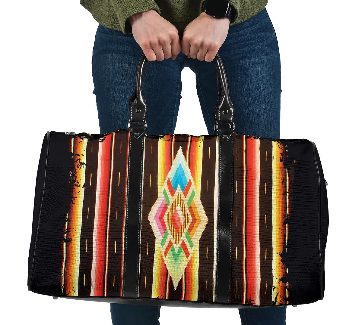 Native American Navajo Serape Style Travel Bag Duffel With Faux Leather Handles