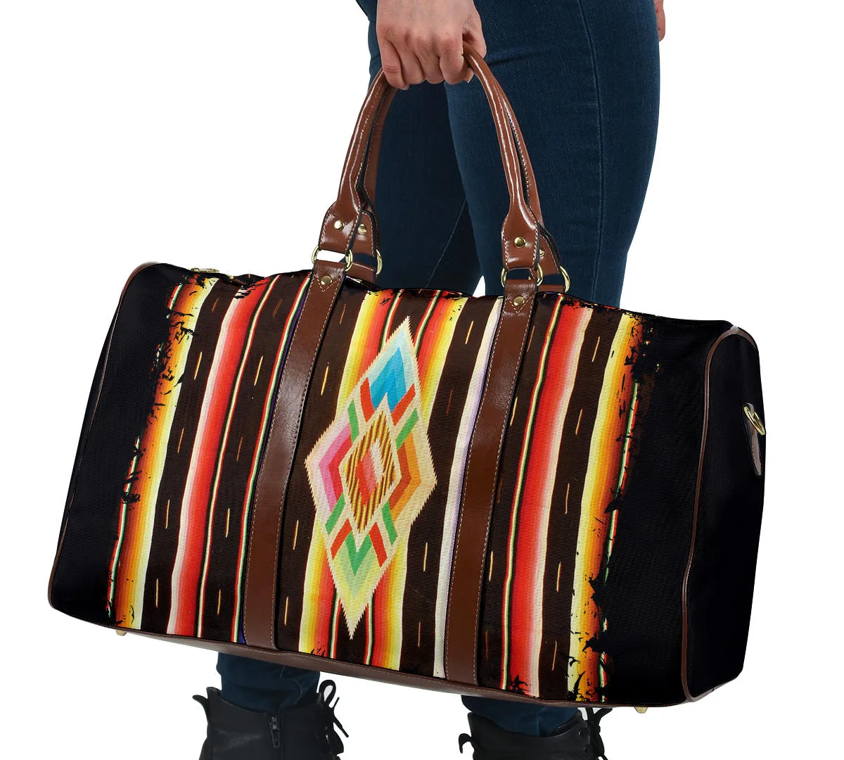 Native American Navajo Serape Style Travel Bag Duffel With Faux Leather Handles