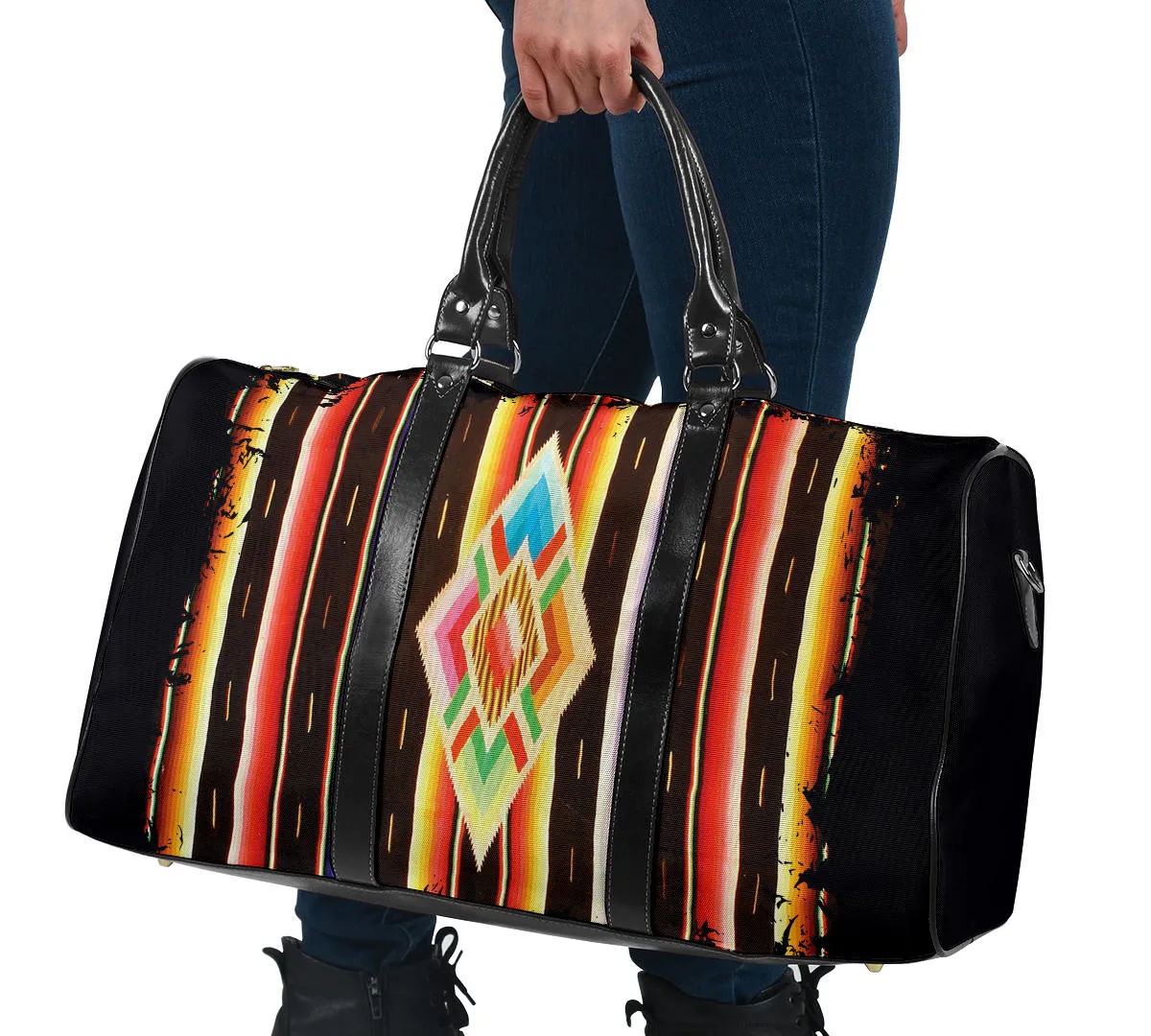Native American Navajo Serape Style Travel Bag Duffel With Faux Leather Handles